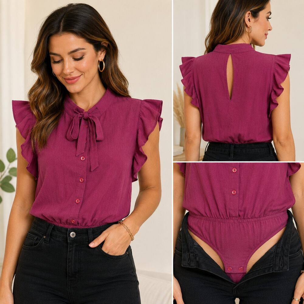 Tulip B XL Burgundy Tie Neck Ruffle Sleeve Button Front Bodysuit Blouse NWT